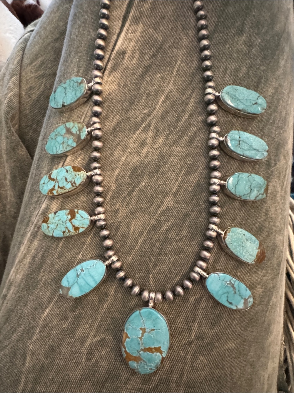 Mine #8Turquoise Bead Squash Blossom Style Necklace - 925 silver